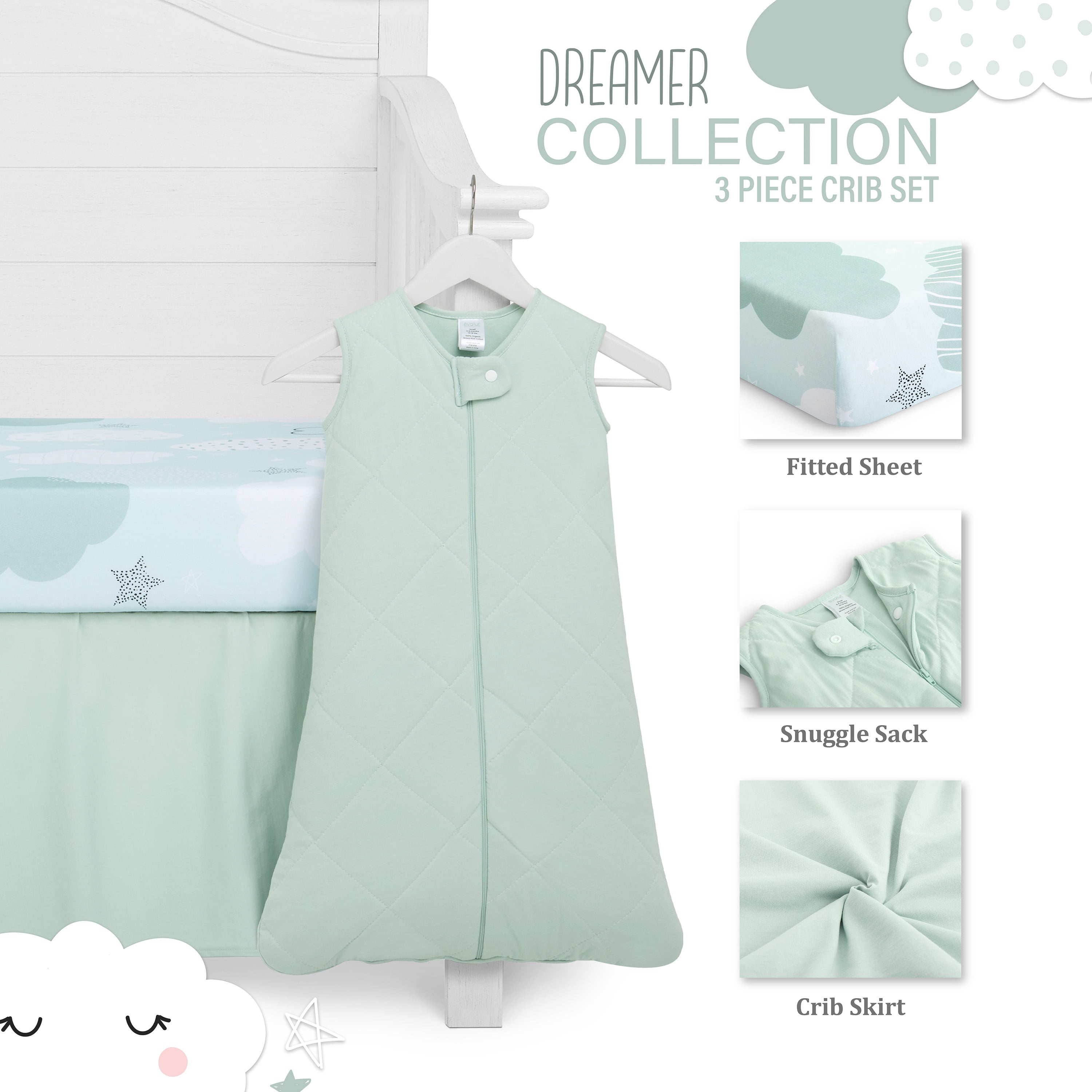 Evolur Dreamer Collection 3pc Crib Set (Fitted Sheet, Snuggle Sack, Crib Skirt) in Seafoam Green & Cloud Print