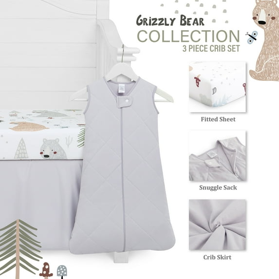 Evolur Grizzly Bear Collection 3pc Crib Set (Fitted Sheet, Snuggle Sack, Crib Skirt) in Rocky Grey & Bear Print