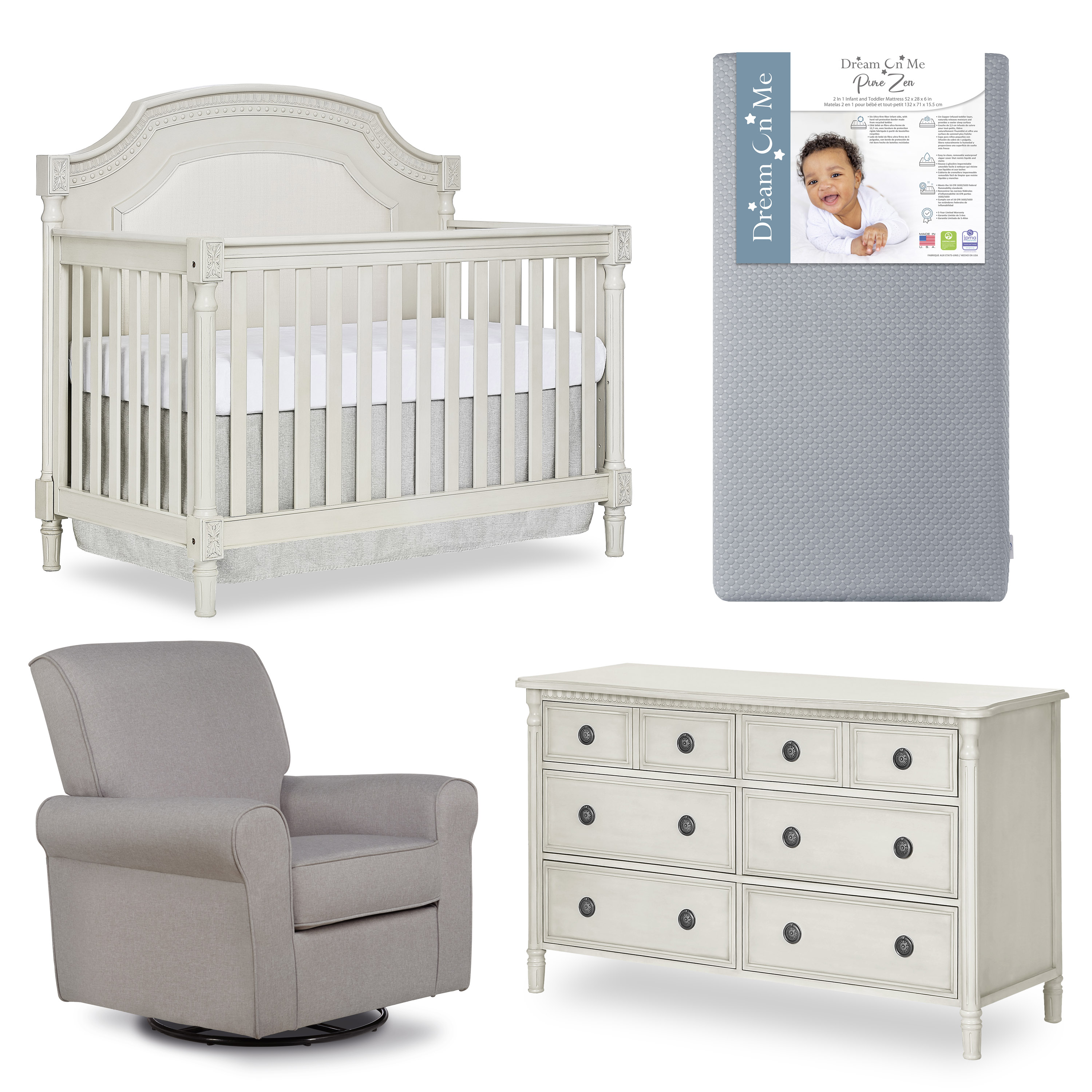 Evolur Nursery Essentials Bundle of Julienne 5-in-1 Convertible Crib, Julienne Double Dresser & London Upholstered 360 Swivel Glider, with a Premium Dream On Me Crib Mattress - image 1 of 11
