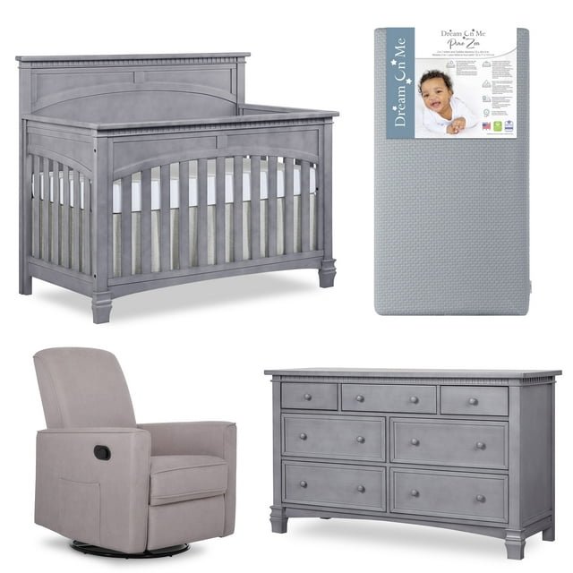 Evolur Nursery Essentials Bundle of Santa Fe 5-in-1 Convertible Crib with Dresser, Glider, and Mattress