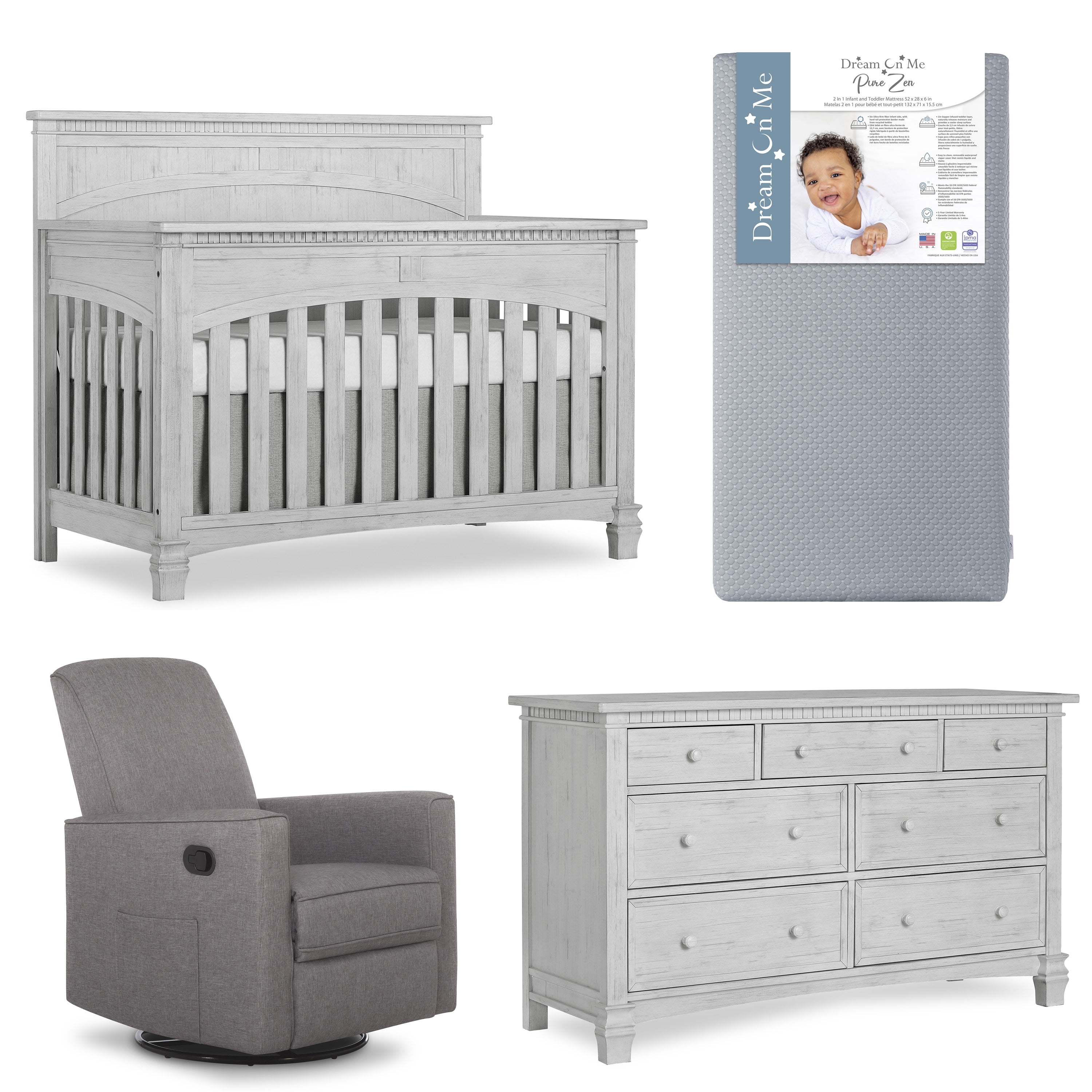 Evolur Nursery Essentials Bundle of Santa Fe 5-in-1 Convertible Crib, Santa Fe Double Dresser & Raleigh Basic Glider, with a Premium Dream On Me Crib Mattress