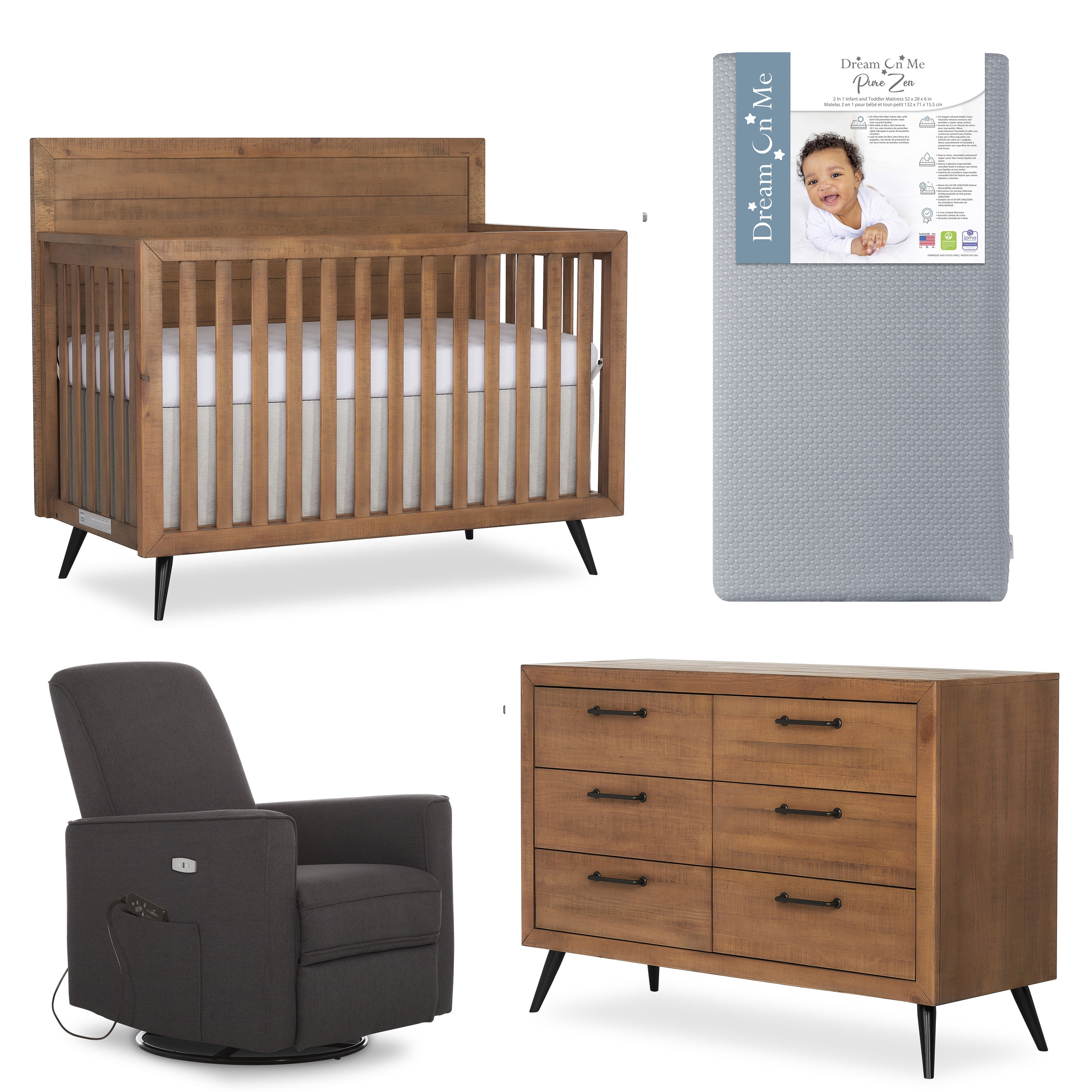 Evolur Nursery Essentials Bundle of Stilnovo Mid Century 4-in-1 Convertible Crib, Stilnovo Mid Century Double Dresser & Harlow Deluxe Glider with Massager, with a Premium Dream On Me Crib Mattress