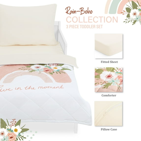 Evolur RainBoho Collection 3pc Toddler Bed Set (Fitted Sheet, Comforter, Pillow Case) in Light Peach & Rainbow Print