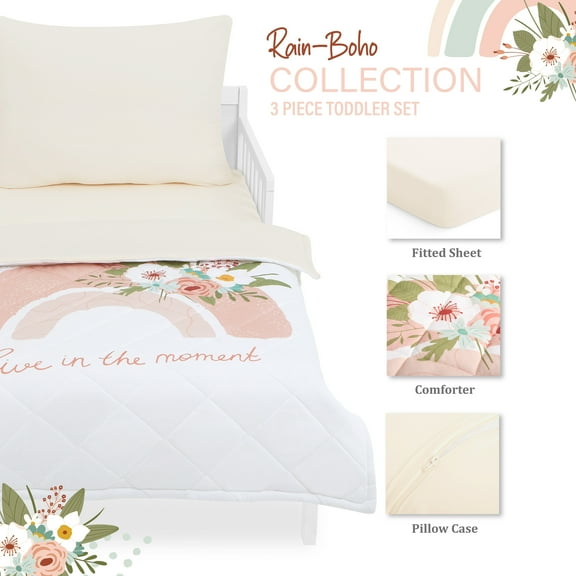 Evolur RainBoho Collection 3pc Toddler Bed Set (Fitted Sheet, Comforter, Pillow Case) in Light Peach & Rainbow Print