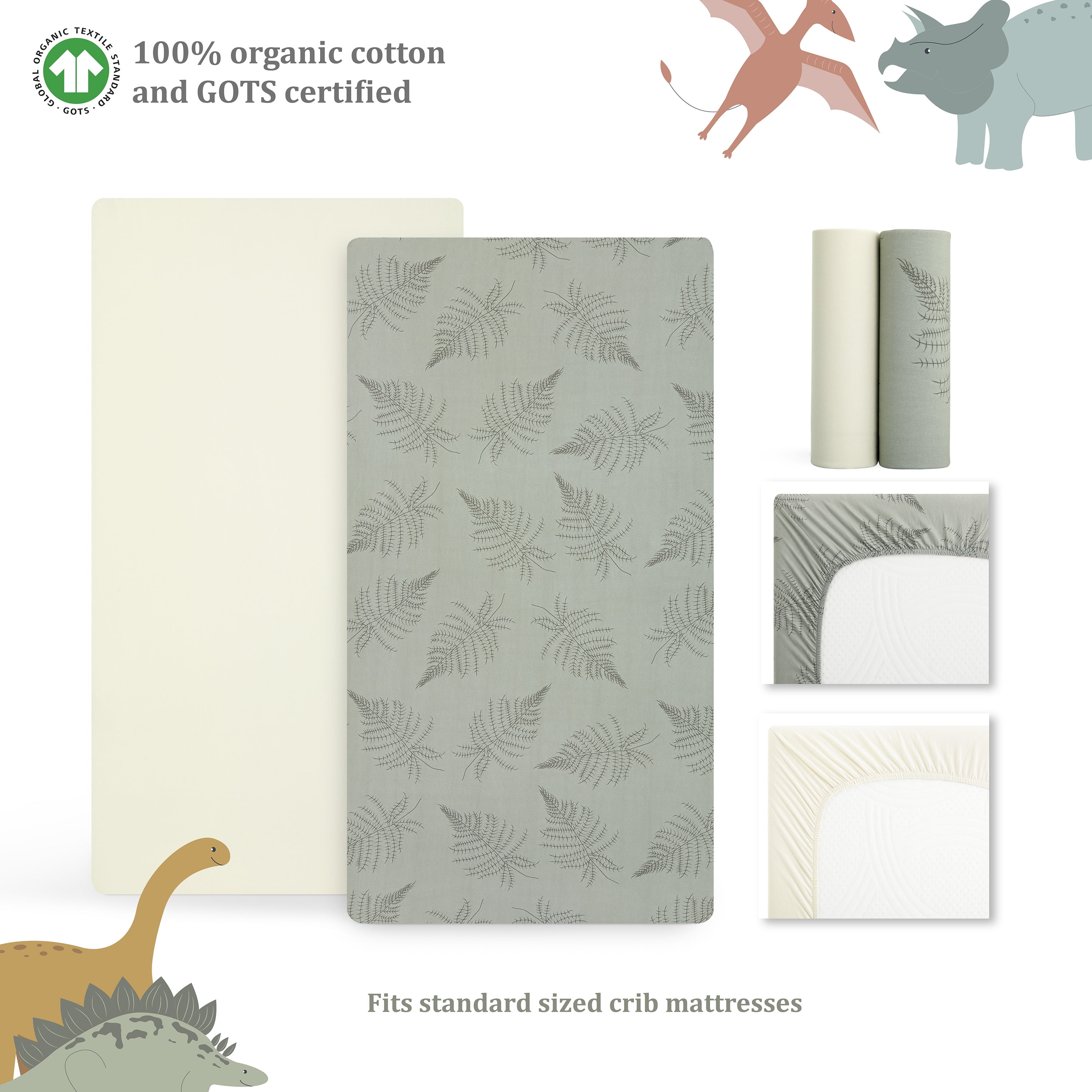 Evolur RawrSome Collection ( 2pc Sheet Set ), Cream & Dark Green Leaf Print