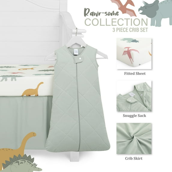 Evolur RawrSome Collection 3pc Crib Set (Fitted Sheet, Snuggle Sack, Crib Skirt) in Sage Green & Dinosaur Print