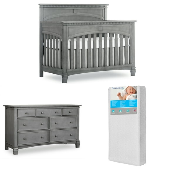 Evolur Santa Fe 5-in-1 Convertible Crib and Double Dresser in Storm Grey with Free 260 Coil Crib and Toddler Mattress