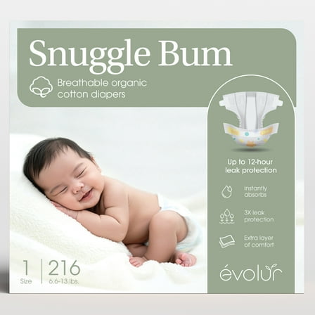 Evolur Snuggle Bum Baby Diapers - Size 1, 216 Count, for Newborns (6.6 lbs - 13 lbs), Ulta Absorbent Diapers Newborn Baby