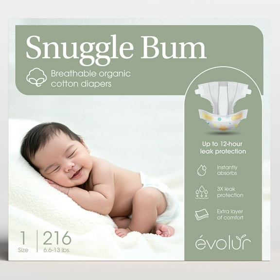 Evolur Snuggle Bum Baby Diapers - Size 1, 216 Count, for Newborns (6.6 lbs - 13 lbs), Ulta Absorbent Diapers Newborn Baby