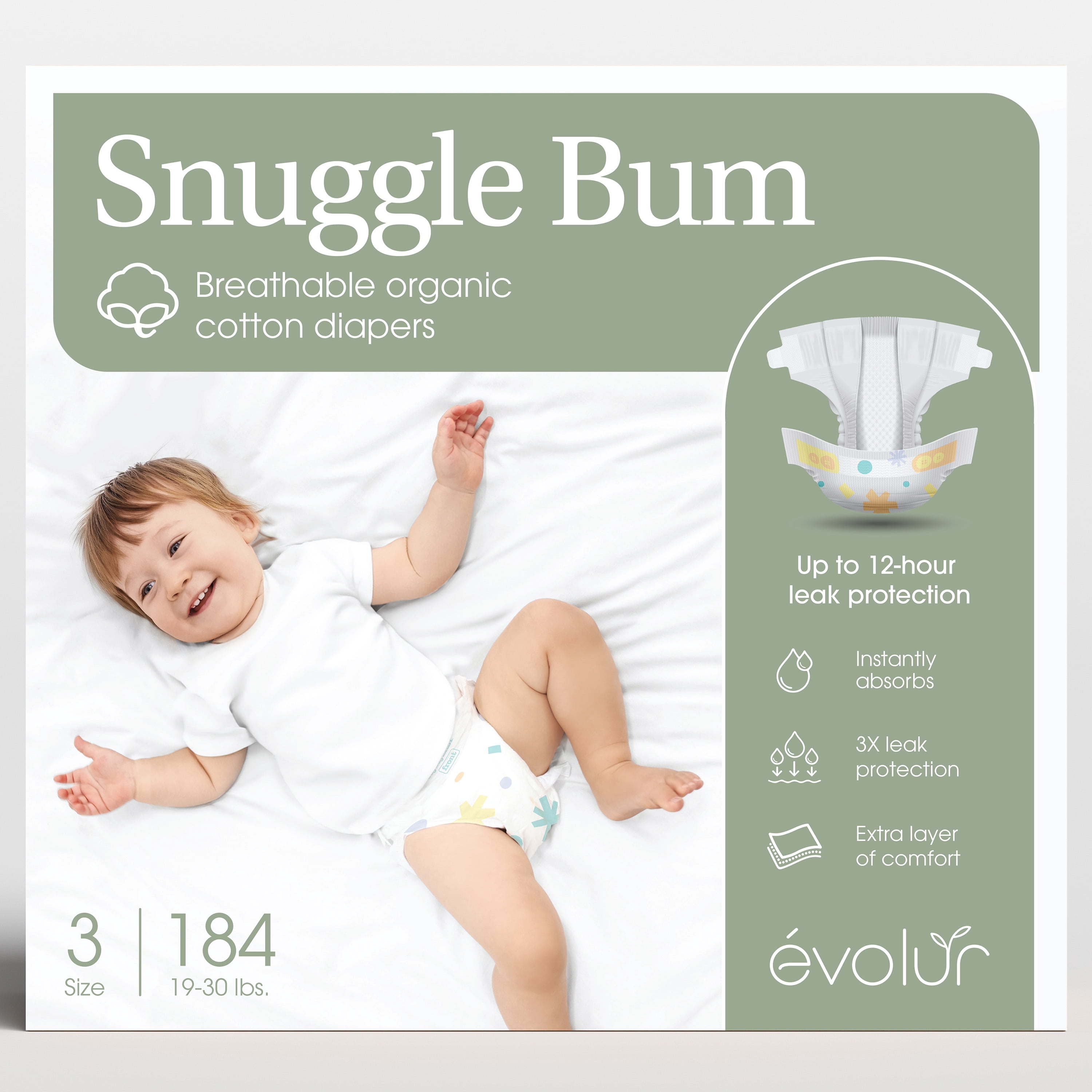 Evolur Snuggle Bum Baby Diapers - Size 3, 184 Count, for Infant & Toddlers (19 lbs - 30 lbs), Ultra Absorbent, Long lasing Dryness Upto 12 Hours