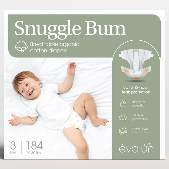 Evolur Snuggle Bum Baby Diapers - Size 3, 184 Count, for Infant & Toddlers (19 lbs - 30 lbs), Ultra Absorbent, Long lasing Dryness Upto 12 Hours