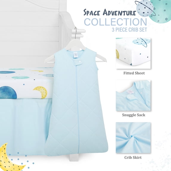 Evolur Space Adventure Collection 3pc Crib Set (Fitted Sheet, Snuggle Sack, Crib Skirt) in Arctic Blue & Space Print