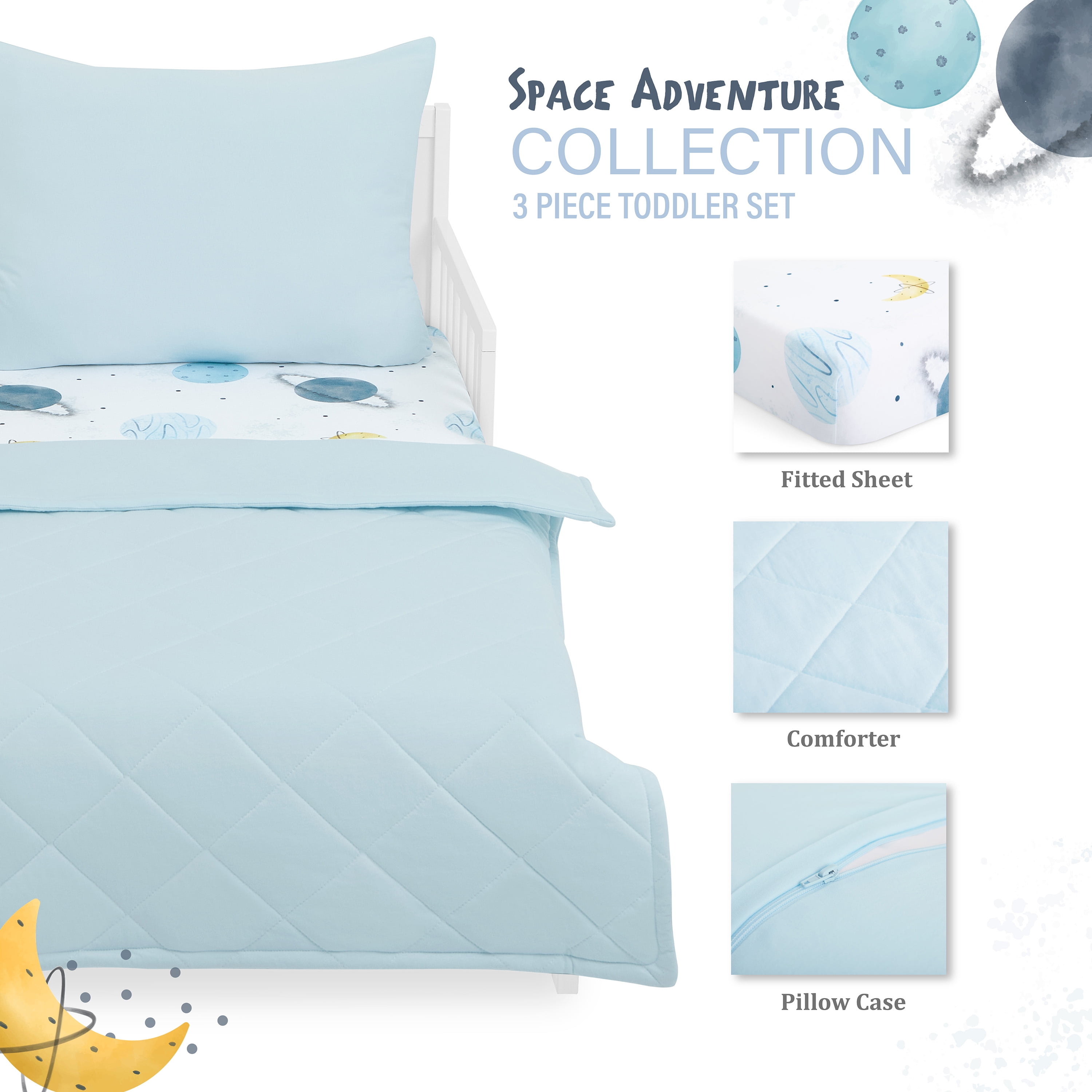 Evolur Space Adventure Lenzuola Con Angoli Per Culla - 2 Pezzi In Cotone Biologico GOTS, Morbido E Traspirante, Tema Spazio, 132x28x8 Cm