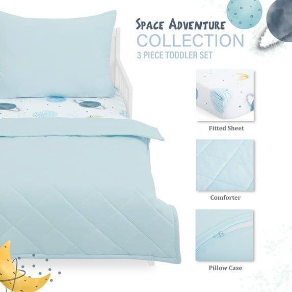 Evolur Space Adventure Collection 3pc Toddler Bed Set (Fitted Sheet, Comforter, Pillow Case) in Arctic Blue & Space Print