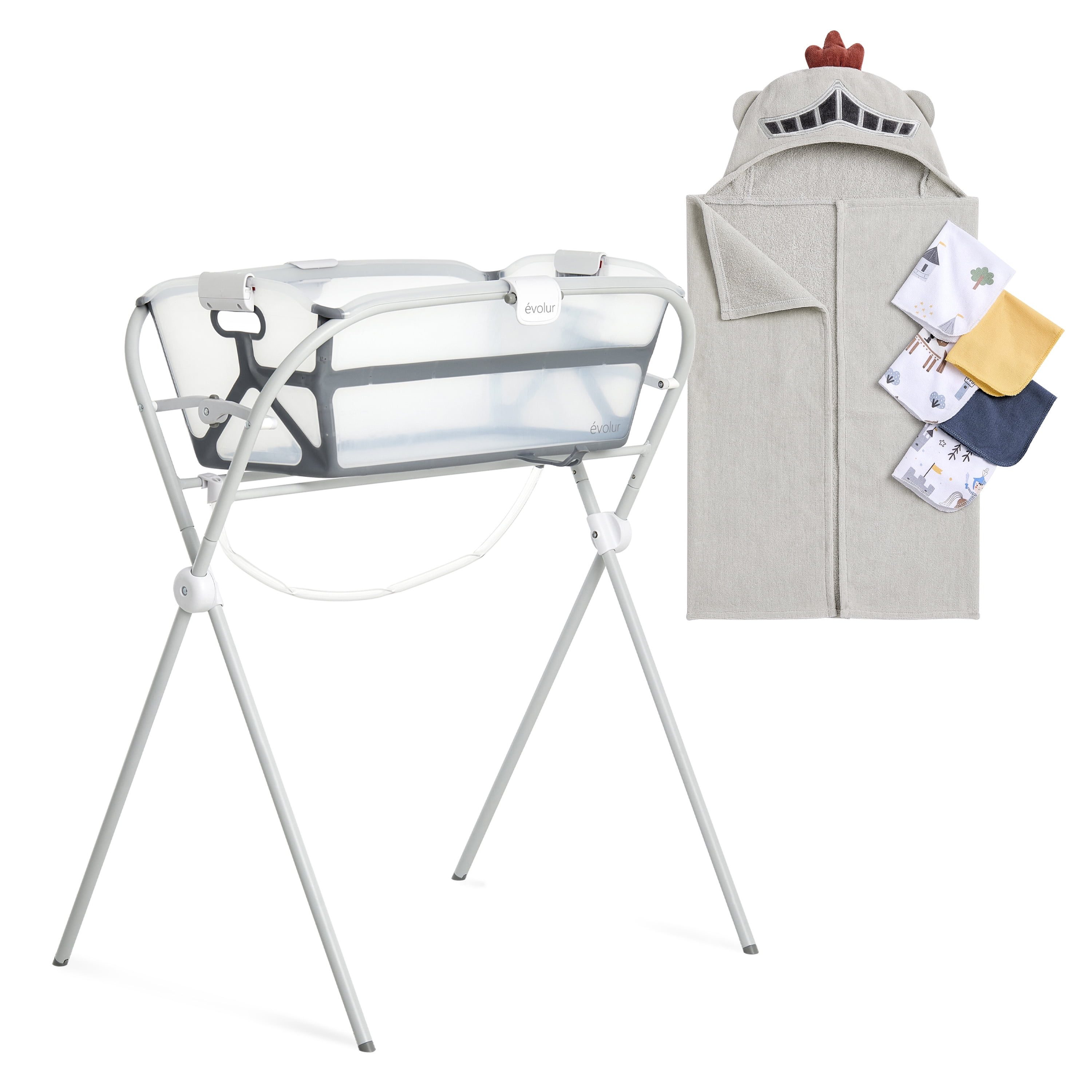 Evolur Supple Spa Kit With Towel, Includes Supple Baby Spa Set, 5-Piece Washcloth Set And Complementary Garden Hooded Towel in Grey