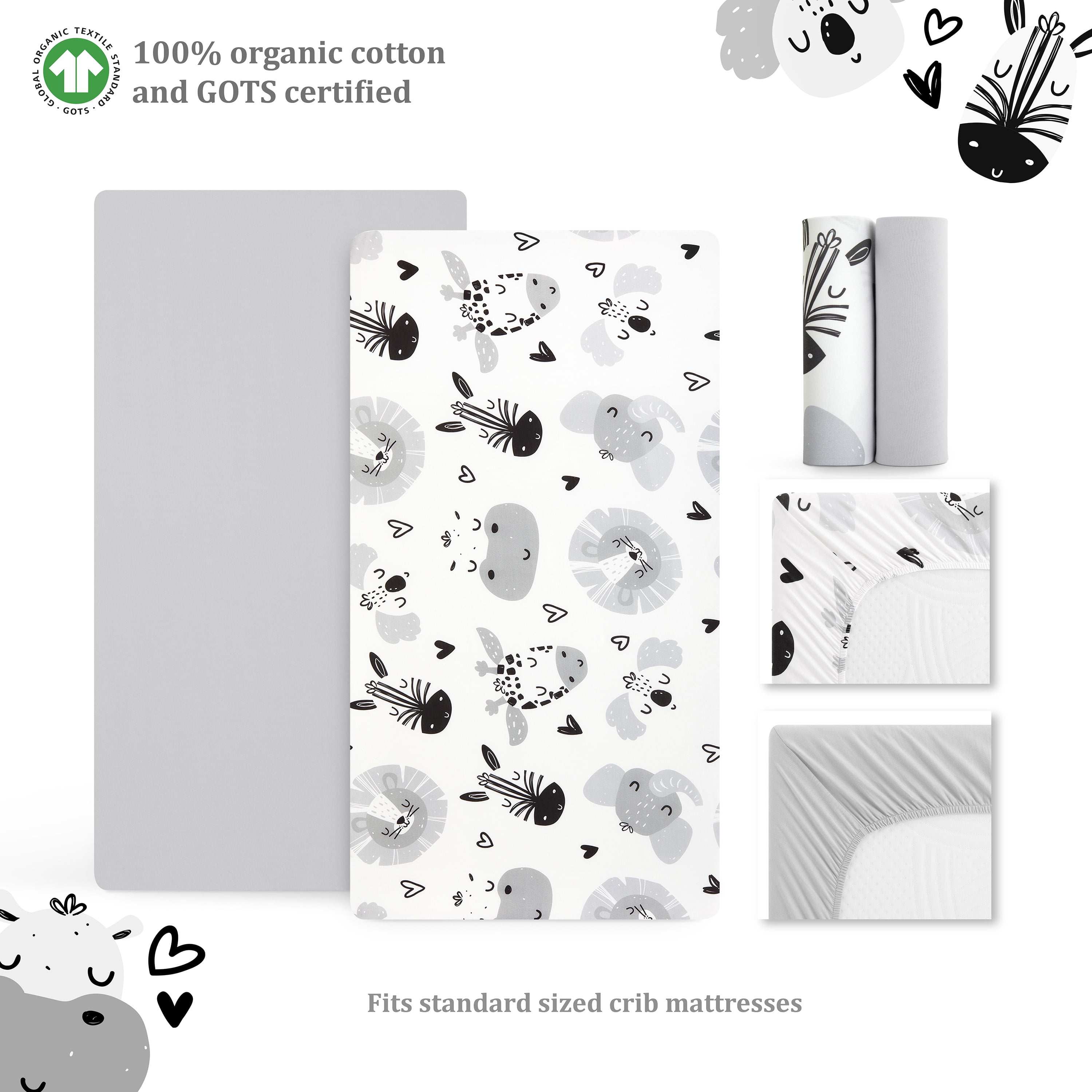 Evolur Zoo Love Collection ( 2pc Sheet Set ), Glacier Grey & Animal Print