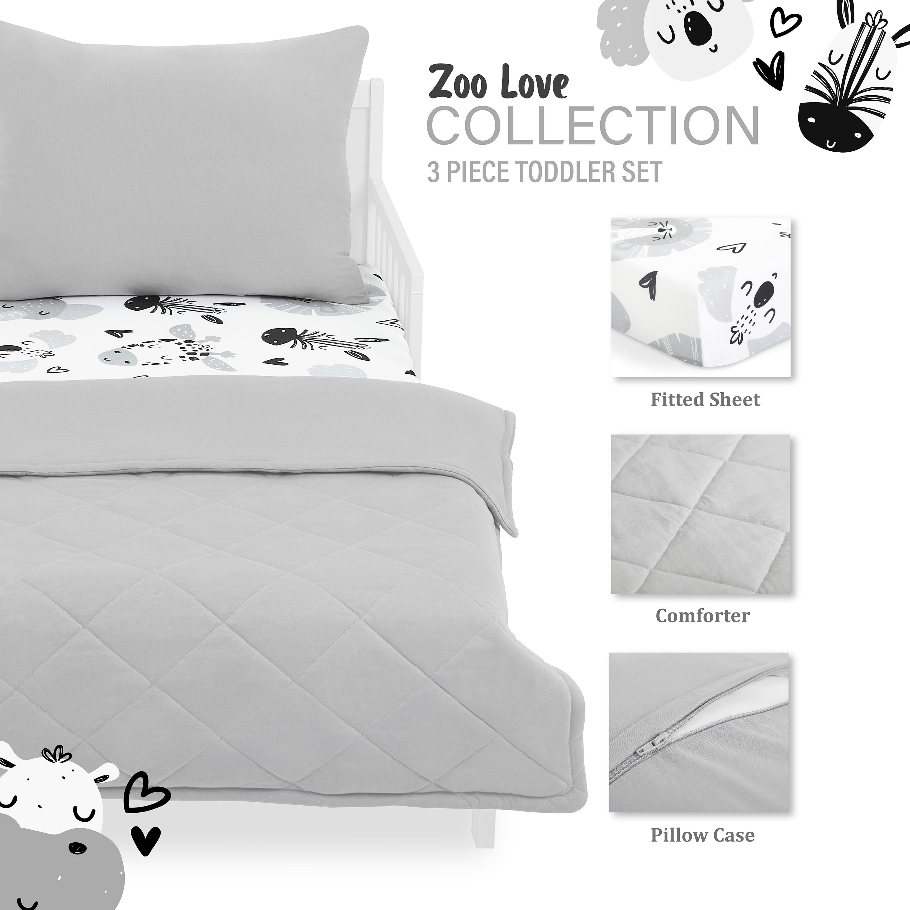Evolur Zoo Love Collection 3pc Toddler Bed Set (Fitted Sheet, Comforter, Pillow Case) in Glacier Grey & Animal Print