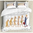 thumbnail image 1 of Evolution Duvet Cover Set Queen Size, Cartoon Ape to Man Composition of Caveman to Businessman Graphic, 3 Piece Bedding Set with 2 Pillow Shams, Pale Orange and Multicolor, by Ambesonne, 1 of 3