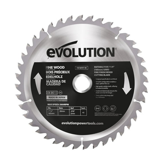 Evolution FW185TCT-40 | 7-1/4 In. | 40T | 20mm Arbor | Fine Wood TCT Blade