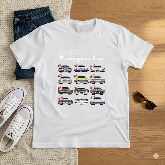 Evolution Of 60s Impala Hot Rod Muscle Car Retro Auto Art Unisex T-Shirt V11180, up to size 5XL