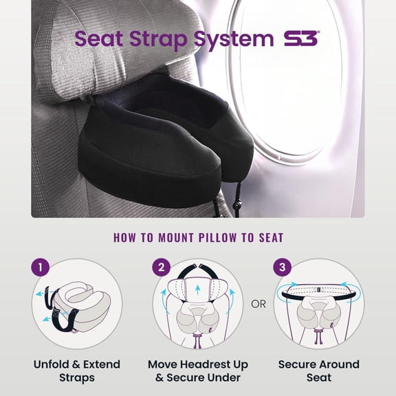 Evolution S3 Airplane Travel Pillow For Long Flights - Supportive Memory Foam Body Positioner With Seat Straps To Secure Your Head And Neck Provides 360 Support (jet Black)