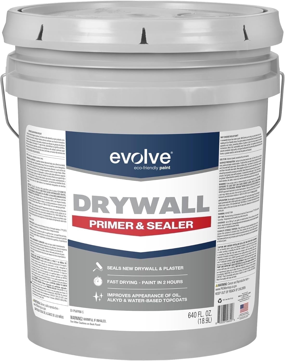 Evolve Drywall Primer & Sealer, Fast-Dry Low Odor Paint Primer for Interior Surfaces, White, 5 gal