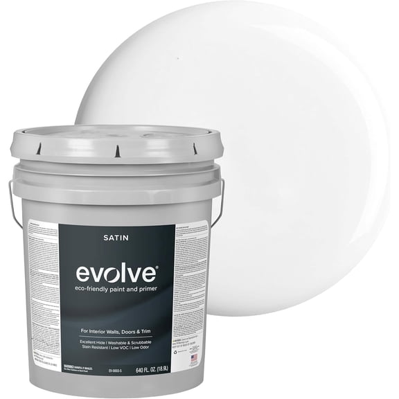 Evolve Eco-Friendly Cloud White Satin Sheen Acrylic Latex Paint and Primer, 5 Gallon