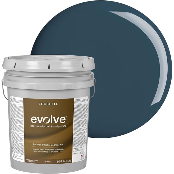 Evolve Eco-Friendly Eggshell Acrylic Latex Paint and Primer, One Coat Coverage, Deep Blue, 5 gal