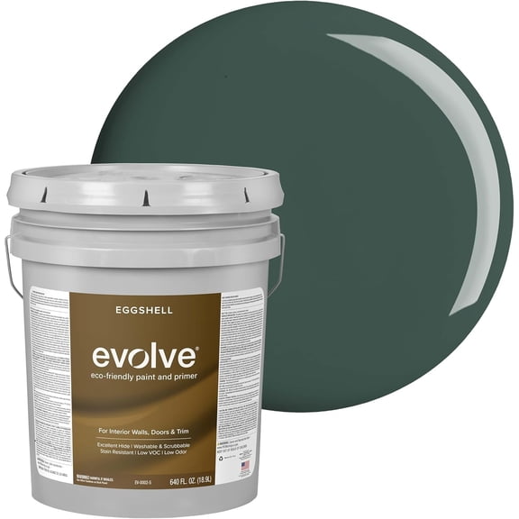 Evolve Eco-Friendly Eggshell Acrylic Latex Paint and Primer, One Coat Coverage, Green Pine, 5 gal