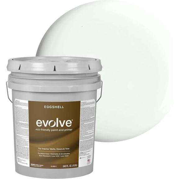 Evolve Eco-Friendly Eggshell Acrylic Latex Paint and Primer, One Coat Coverage, Morning Frost, 5 gal