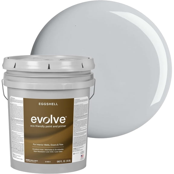 Evolve Eco-Friendly Eggshell Acrylic Latex Paint and Primer, One Coat Coverage, Silver Gray, 5 gal