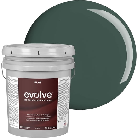 Evolve Eco-Friendly Green Pine Flat Finish Acrylic Latex Paint and Primer, 5 Gallon