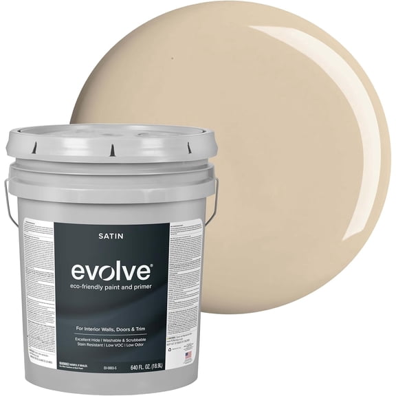 Evolve Eco-Friendly Natural Beige Satin Sheen Acrylic Latex Paint and Primer, 5 Gallon