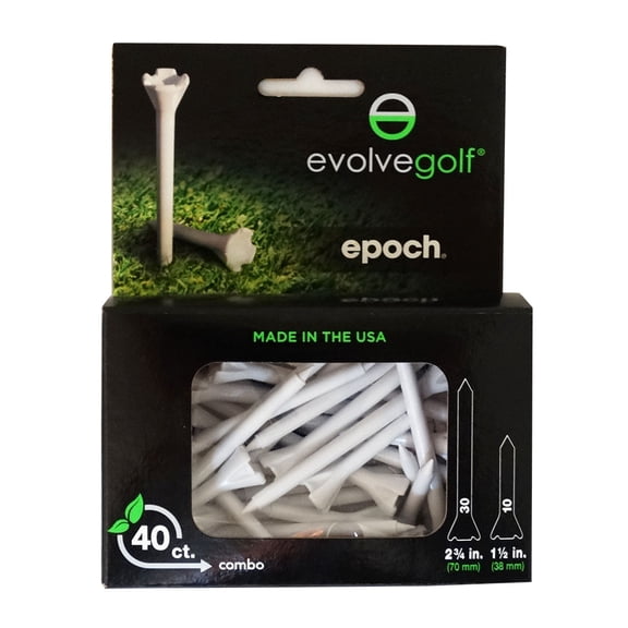 Evolve Epoch Performance Tees 40Pk Mix (2.75", 1.5") White Golf Tee NEW