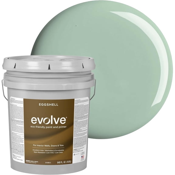Evolve Latex Paint and Primer, Interior and Exterior Paint, Eggshell Finish, Seafoam Green, 5 Gallon