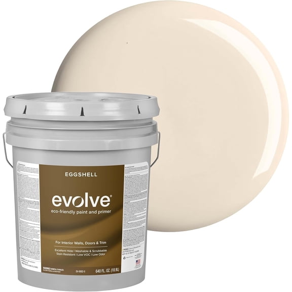 Evolve Latex Paint and Primer, Interior and Exterior Paint, Eggshell Finish, Vanilla White, 5 Gallon