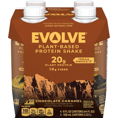 Evolve Plant Based Protein Shake, Chocolate Caramel, 11 fl oz Cartons, 4 Count