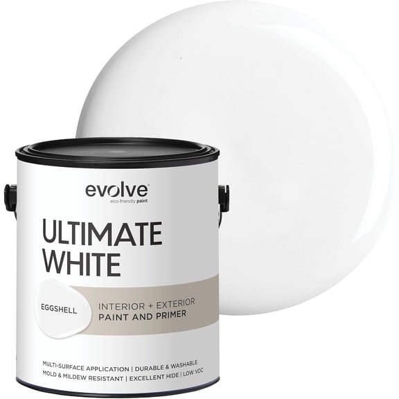 Evolve Ultimate Latex White Paint & Primer with Eggshell Finish, Interior/Exterior, 1 Gallon