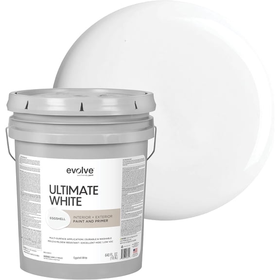 Evolve Ultimate Latex White Paint & Primer with Eggshell Finish, Interior/Exterior, 5 Gallon