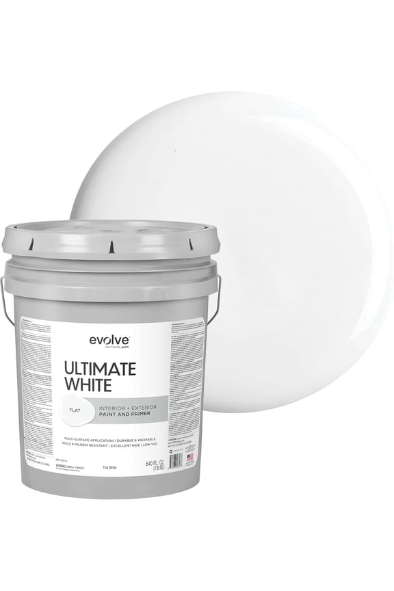 Ultimate Latex White Paint & Primer with Flat Finish, Interior/Exterior, 5 Gallon