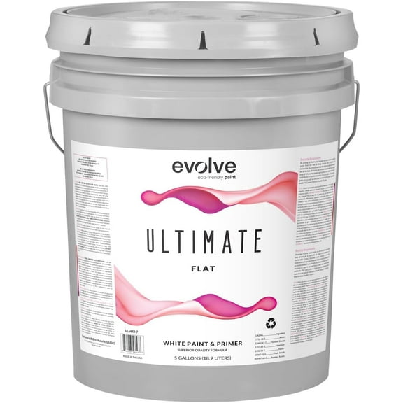 Evolve Ultimate Latex White Paint & Primer with Flat Finish, Interior/Exterior, 5 Gallon