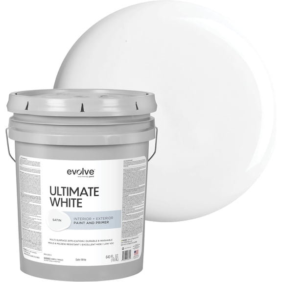 Evolve Ultimate Latex White Paint & Primer with Satin Finish, Interior/Exterior, 5 Gallon
