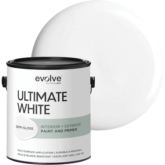 Evolve Ultimate Latex White Paint & Primer with Semi Gloss Finish, Interior/Exterior, 1 Gallon