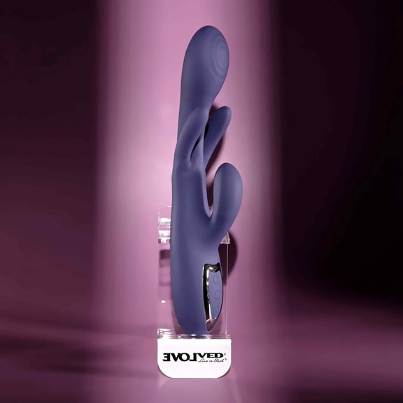 Evolved Bow Down Rechargeable Silicone Rabbit Vibrator with Clitoral Stimulator, Purple