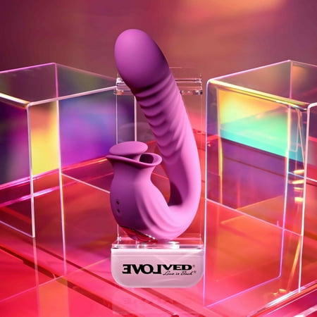 Evolved Deep Ecstasy Rechargeable Silicone Ribbed Thrusting Rabbit Vibrator with Clitoral Stimulator, Purple