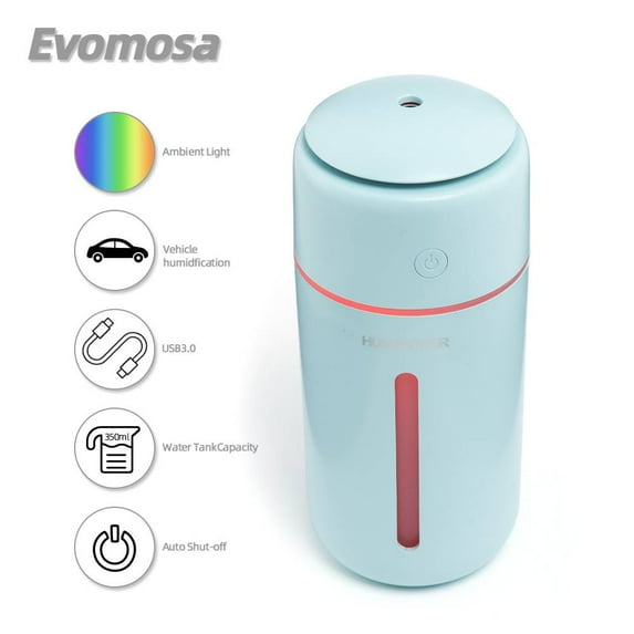 Evomosa Ultrasonic Humidifier for Bedroom & Baby, Cool Mist Top Fill Essential Oil Diffuser for Cars and Plants with 7 Color LED Light, Touch Control, Auto Shut-off, Blue