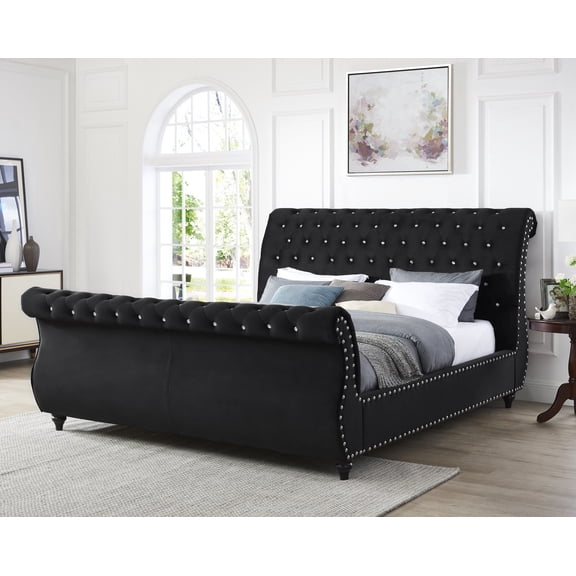 Evora Black Velvet Upholstered Crystal Button Tufted Sleigh Bed, Queen