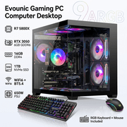 Evounic Gaming PC Computer Desktop, R7 5800X,RTX 3050 6GB GDDR6,16GB DDR4,1TB NVME SSD, WiFi6,BT5.4,9 ARGB Fan, 650W PSU, RGB Keyboard Mouse