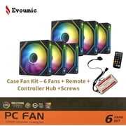 Evounic 120mm RGB/ARGB Case Fan Kit with Remote Control and 6-Port Controller Hub, Quiet Cooling 6-Pack PC Fans for Gaming Desktop Computers