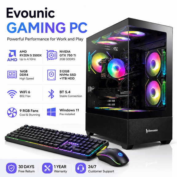Evounic Gaming PC - AMD Ryzen 5 3500X up to 4.1GHz, GTX 750 Ti, 16GB DDR4, 512GB NVMe SSD+1TB HDD, WiFi 6 & BT5.4, 9 RGB Fan, Win11, RGB KB & Mouse